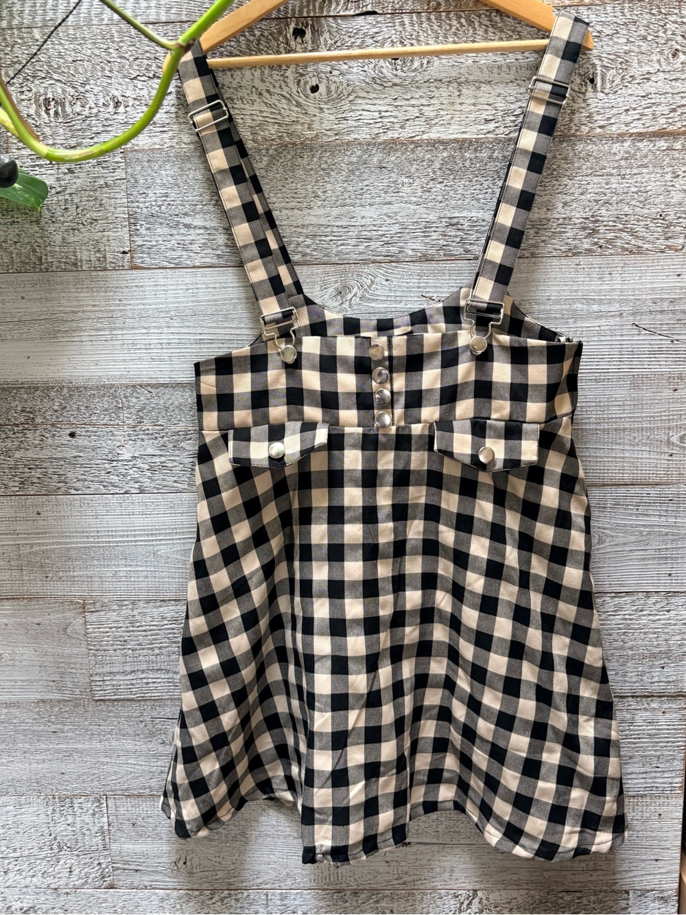 Hot Topic | Gingham Pinafore Overall Dress w/ Back Bow - Women's XL, Cream/Black